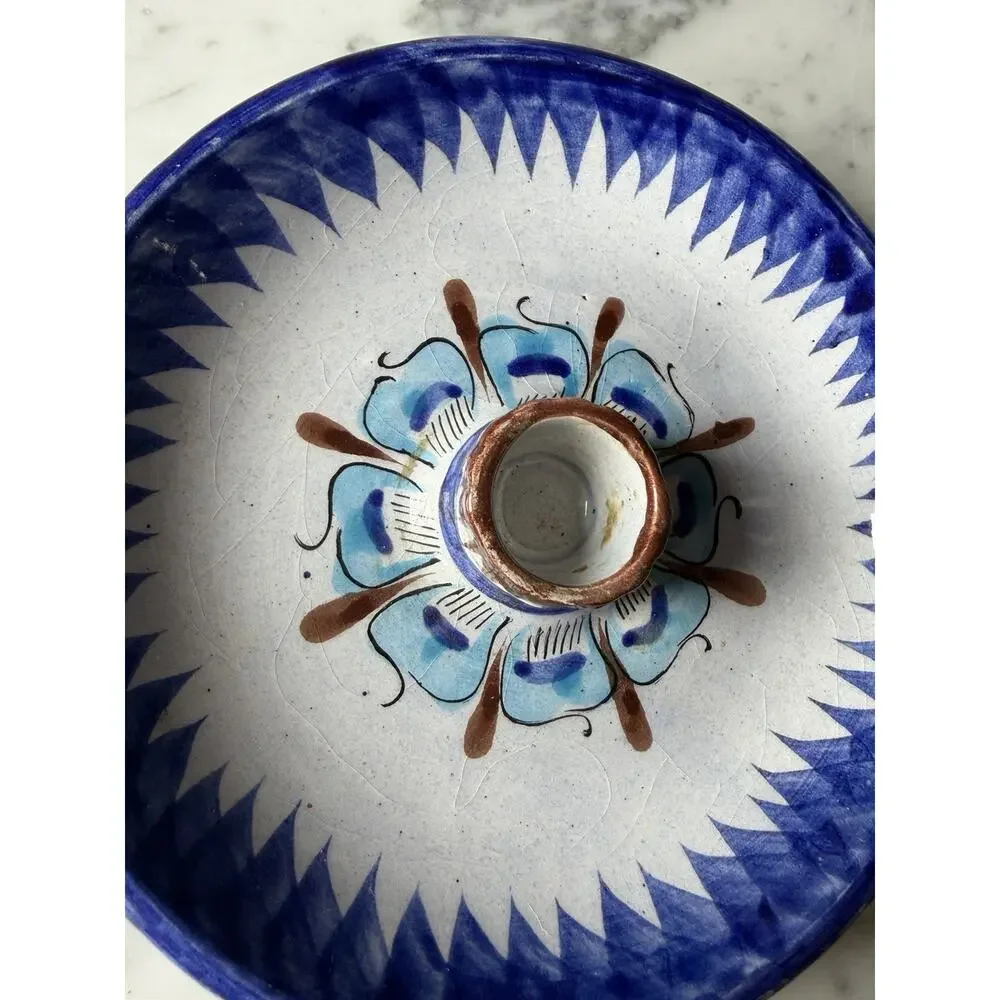 Handmade Ceramic Tonala Blue Brown White Glossy Floral Candle Holder Mexico 362